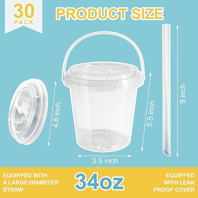 TTzycc 30 Sets 34 oz Drink Buckets with Lids and Straws, Reusable Clear Plastic Party Cups for Iced Coffee, Smoothies, Milkshakes, Sturdy & Durable Beverage Tubs for Lemonade, Pool and Beach Parties