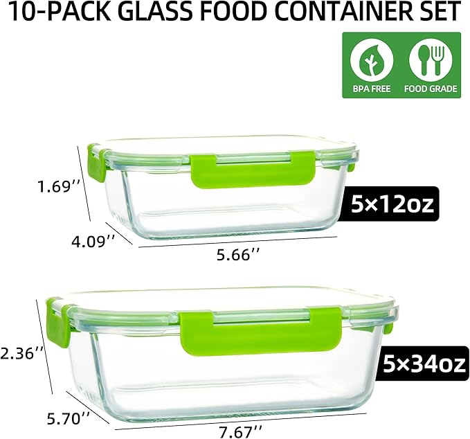 UMEIED 10 PACK Glass Food Storage Containers with Leak Proof Lids, Glass Airtight Meal Prep Containers Set for Lunch, On the Go, Leftover, Kitchen Pantry Organizers and Storage (Green)