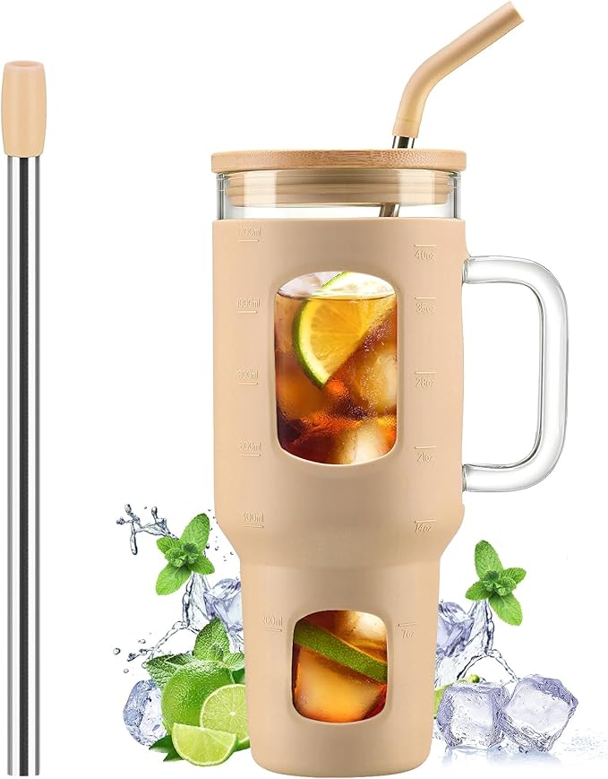 WINSA Glass Tumbler with Straw and Lid, 40 oz glass cup with handle, Glass Water Bottles with Time Marker, Silicone Protective Sleeve-Amber