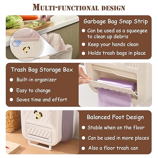 Hanging Trash Can for Kitchen Cabinet Door, 2.64 Gallon Hanging Trash Can with Space-Saving Design, Collapsible Waste Bin for Kitchen,Cabinet Door, Bathroom, RV, Car & Camping (Grey, 10L)