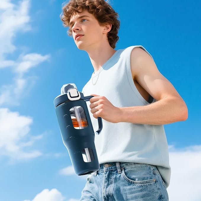 32oz Glass Tumbler with Straw Handle and 2-IN-1 Sip & Spout Lid, Reusable Iced Coffee Cup for Smoothie, Matcha, Leakproof Glass Water Bottle with Straw and Silicone Sleeve, BPA Free-Navy Blue