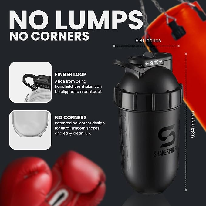 SHAKESPHERE Shaker Bottle - 24oz Leak-Proof Protein Shaker Bottle for Pre Workout, Smoothie and Powder Drink Mixes, No-Blade Mixer for Gym, BPA-Free, Easy Clean & Easy to Carry (Glossy Black)