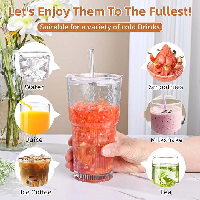 20oz Glass Tumblers with Lids and Straws,1PCS Glass Cups with Lids and Straws,Iced Coffee Cups with Lid,Drinking Glasses for Juice, Smoothies