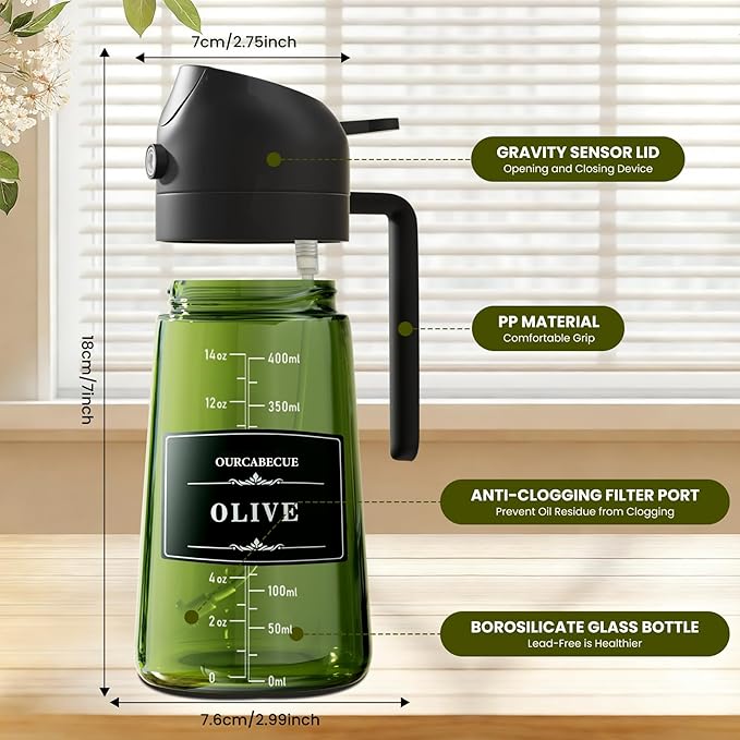 OURCABECUE Upgraded Made Oil Sprayer for Cooking 2 Set, 2 in 1 Spray and Pour Olive Oil Dispenser 16oz 470ml Dark Green Oil Spray Bottle, Mist Olive Oil Dispensing with Scale & 8 Labels
