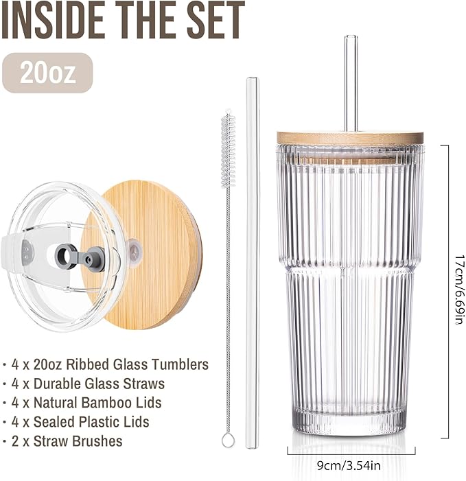 SoulTimes 20oz Glass Cups with Lids and Straws, Ribbed Glass Tumbler for Iced Coffee, Smoothie, Juice & Cold Drinks, Reusable Thick Glassware Set, Elegant Home & Travel Drinkware【4 Pack】