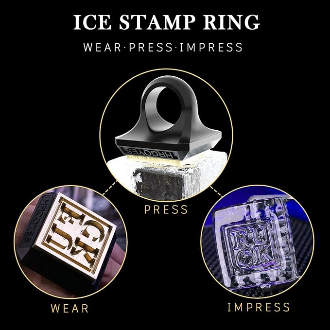 Square Ice Stamp Ring – 3 mm Brass Personalized Cube & Sphere Press, Ready-to-Gift Clear Acrylic Christmas Box, Custom Letter/Pattern Imprint for Whiskey & Cocktails (Letter FUCK)