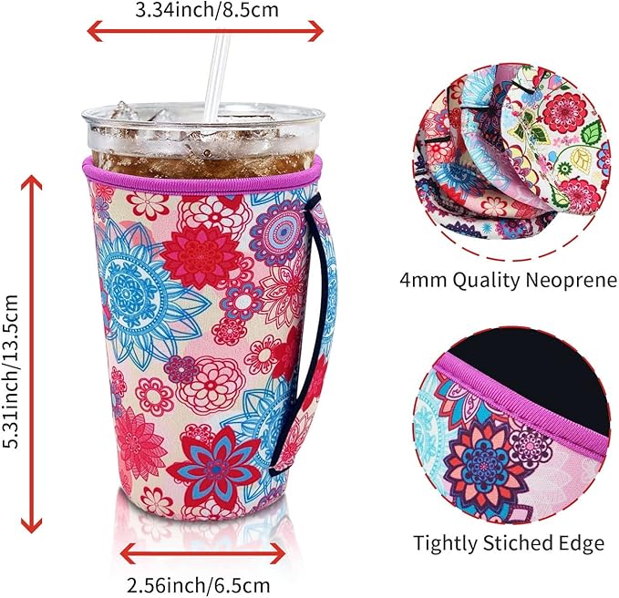 4Pack Reusable Iced Coffee Sleeve Insulator Sleeves for Cold Drinks Beverages, Neoprene Cup Holder for Most Coffee, Fits 22-24oz Medium Cups (Mandala Flower with handle)