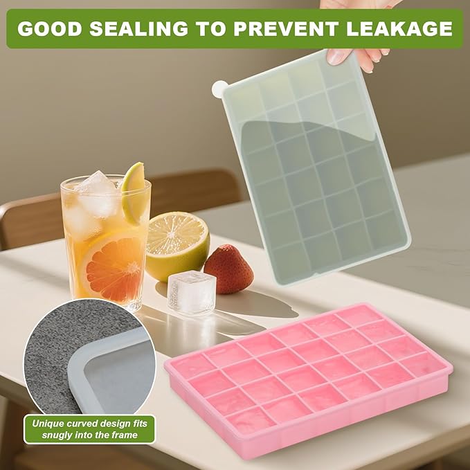 Silicone Ice Cube Tray, Easy Release Flexible Ice Cube Tray with Removable Lid, 24 Small Ice Cub Per Tray for Whiskey, Freezer, Cocktail, Reusable & BPA Free (Pink+Green)