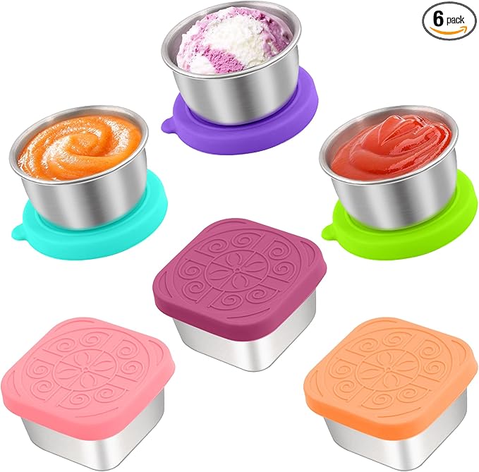 Qukaka 6 PCS Salad Dressing Container to Go,Handy Leakproof Stainless Steel Meal Prep Containers Reusable,Sauce Containers for Lunch Box, Picnics, Travel, Office and Kitchen Storage-1.6oz+2.7oz