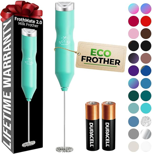 Zulay Kitchen Powerful Frother Wand AA Batteries Included, Ultra Fast Handheld Drink Mixer, Comfort Milk Frother, Stainless Steel Whisker, Frother Handheld for Coffee, Protein & Matcha - Frothmate 2.0