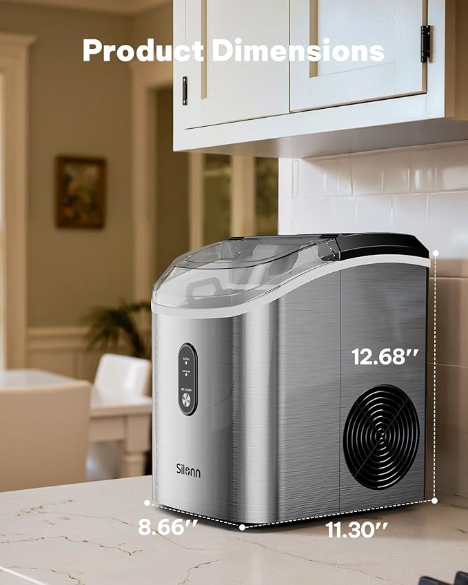 Silonn Nugget Ice Maker Countertop, Pellet Ice Machine with Self-Cleaning Function, Sonic Ice Maker Produces 33lbs of Chewable Ice in 24 Hours, Ideal for Home Kitchen and Office (Stainless Steel-17T)