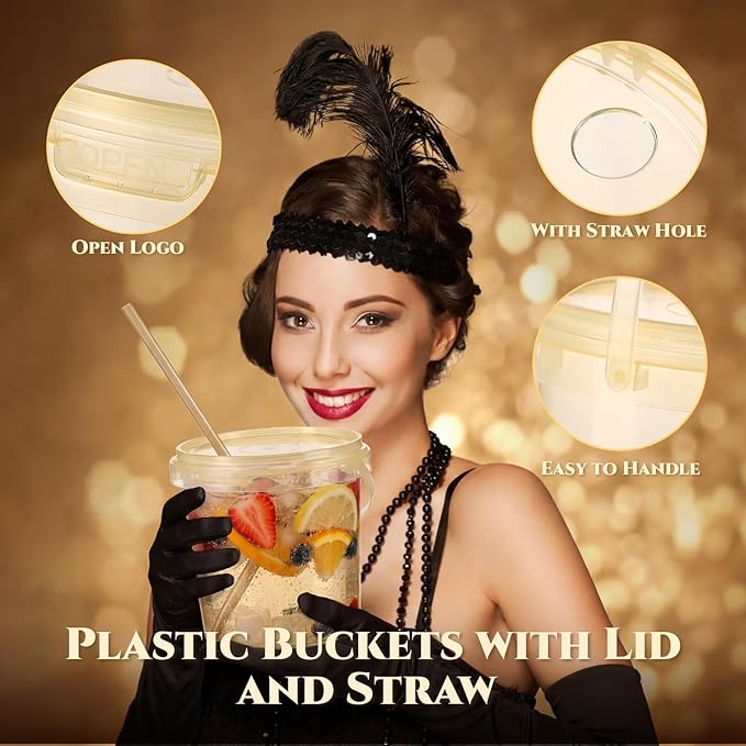 Funnymoom 24 Pack 32 oz Plastic Rum Buckets for Drinks with Straws Ice Cream Cocktail Bucket with Lids and Handles Reusable Food Containers Cup for Parties Summer Beach Bar Beer (Gold)
