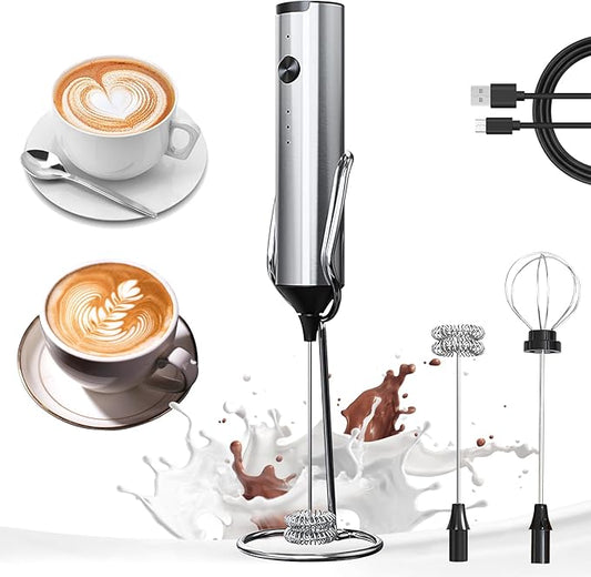 YARRAMATE Rechargeable Milk Frother with Stand, Coffee Frother Stirrer Wand, Handheld Drink Mixer with Stainless Steel Whisk, Electric Whisk Foam Maker for Lattes, Cappuccino, Matcha, Protein Powder
