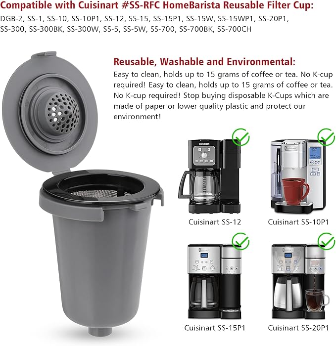 Reusable Filter Cup for Cuisinart, Compatible with Cuisinart #SS-RFC HomeBarista Reusable Filter Cup, Dark Gray (2 Pack)