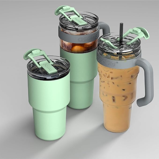 asobu Extra Large Travel Explorer Tumbler for Hot and Cold with Stainless Steel Removable Coffee Mug Sleeve - Straw and Flip Open Sip Spout, 34 oz / 25 oz (Basil Green)