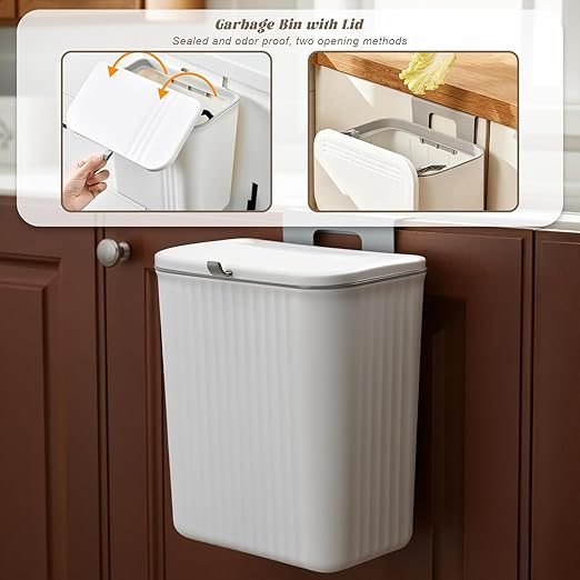 2.4 Gallon Kitchen Compost Bin for Counter Top Under Sink, Hanging Small Waste Basket Trash Can with Lid Wall Mounted Indoor Garbage Bucket for Cabinet Cupboard Bedroom Bathroom Office Camping