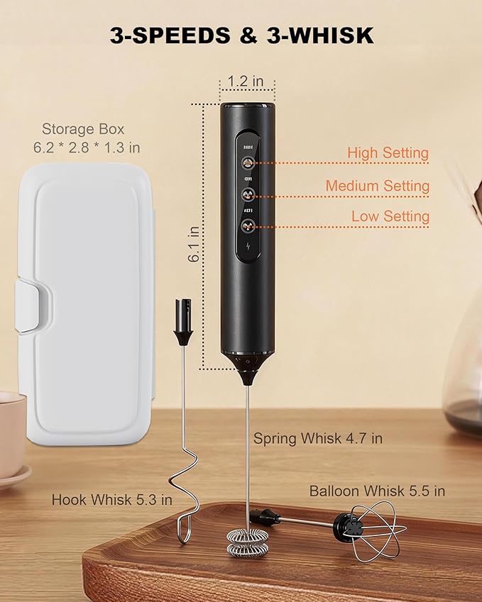 3-Speed Rechargeable Milk Frother with Storage Box, Dual Coil Whisk Coffee Frother Handheld - Portable Hand Frother Wand for Coffee Matcha Cappuccino & Hot Chocolate, Kitchen Gift Set