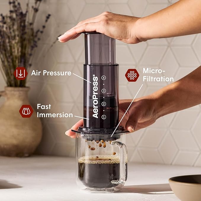 AeroPress Clear Black Coffee Press - All-in-One French Press, Pour-Over & Espresso Style Manual Brewer, 2 Min Brew for Less Bitterness, More Flavor, Small Portable Coffee Maker, Travel & Camping