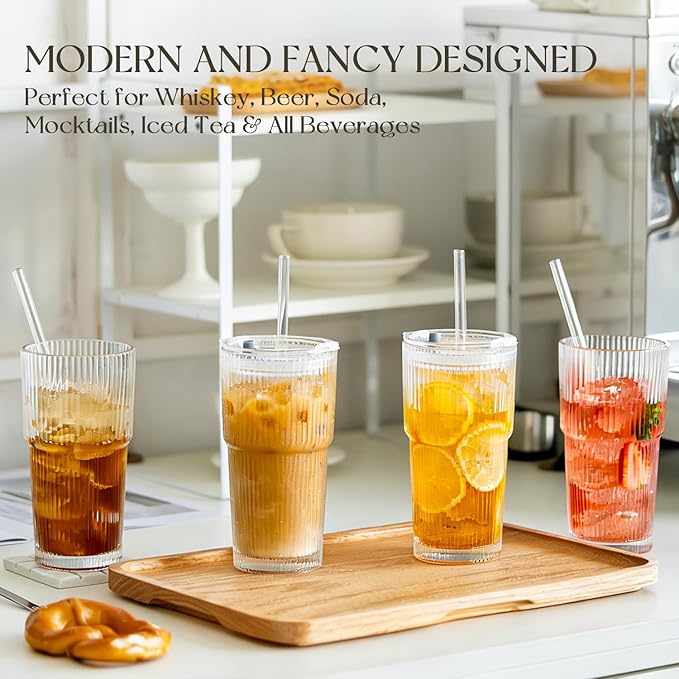 KEMORELA 6-Pack 20 oz Ribbed Glass Tumblers with Lids and Straws – Vintage Iced Coffee Cups, Reusable Smoothie & Cocktail Glasses, Durable Clear Glassware for Home, Cafe & Party Use