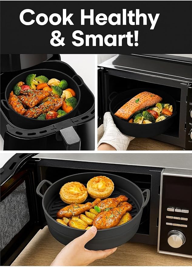 Silicone Air Fryer Liner 8.6" Round for 5–8 QT, No Divider, Reusable Non-Stick Collapsible Pot Liner, Dishwasher Safe, Heat-Resistant 446°F, GRAY, 1 Pack