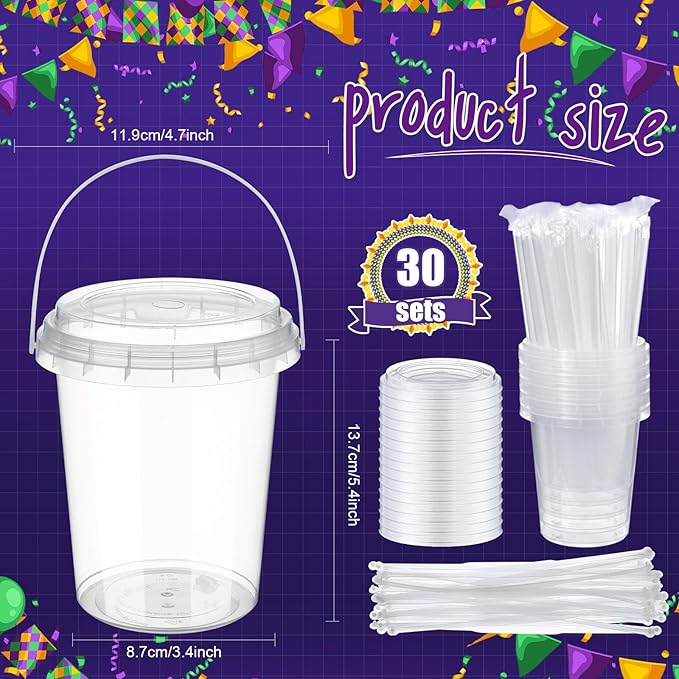 Funnymoom 30 Set Clear Plastic Drink Buckets with Lids and Straws 34oz Disposable Iced Coffee Cups Rum Cocktail Pails Large Smoothie Cup Bulk with Handles for Summer Beach Pool Party Supplies