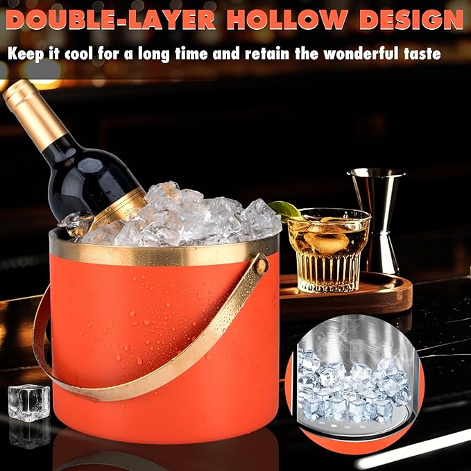 Ice Bucket, 3L Double-Wall Stainless Steel Insulated Ice Bucket With Lid and Ice-Tong, Ice-Buckets for Parties Home Bar, Chilling Beer, Champagne, Wine Bottle(Orange Gold)