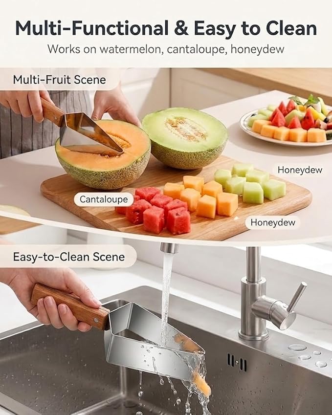 Triangle Watermelon Cutter, Stainless Steel with Wooden Handle -Melon Slicer, Fruit Cutter for Kitchen Gadgets, Stainless Steel Watermelon Slicer Tool for Home Kitchen Camping Picnic (3)