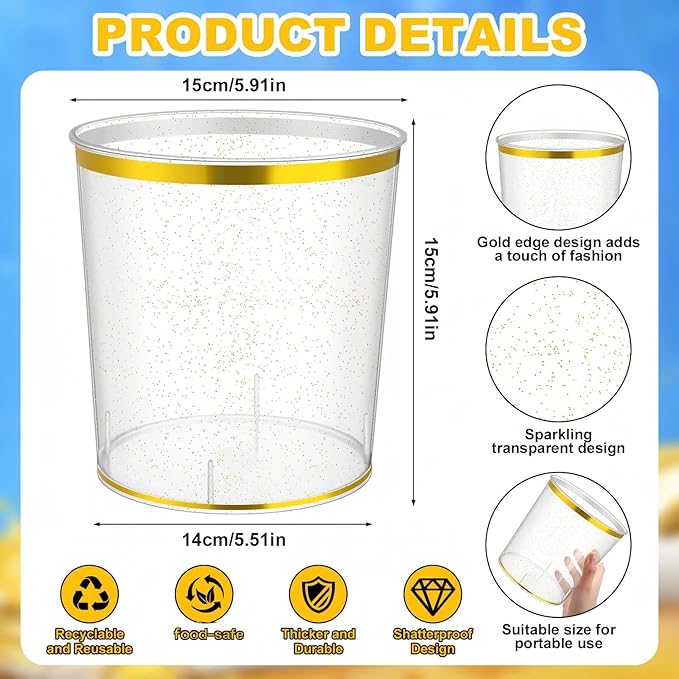 Ice Buckets Bulk, 6 Liter Plastic Round Ice Buckets, Disposable Storage Drink Tub or Party Bar Wine Beer Champagne Beverage Bottle Cooler(Clear,Gold Rim and Glitter,18 Pcs)