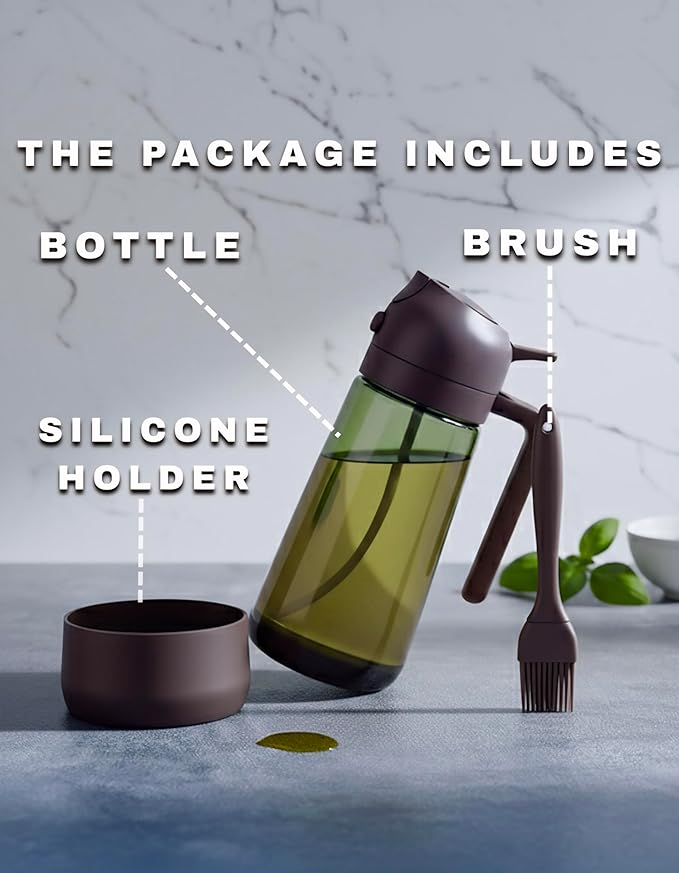 Oil Dipenser Bottle with Silicone Bottom And Silicone Brush, 2 in 1 Olive Oil Sprayer and Dispenser, Oil Spray Bottle 470ML/ 17OZ for Cooking, Kitchen, BBQ, Air Fryer, Salad, Baking