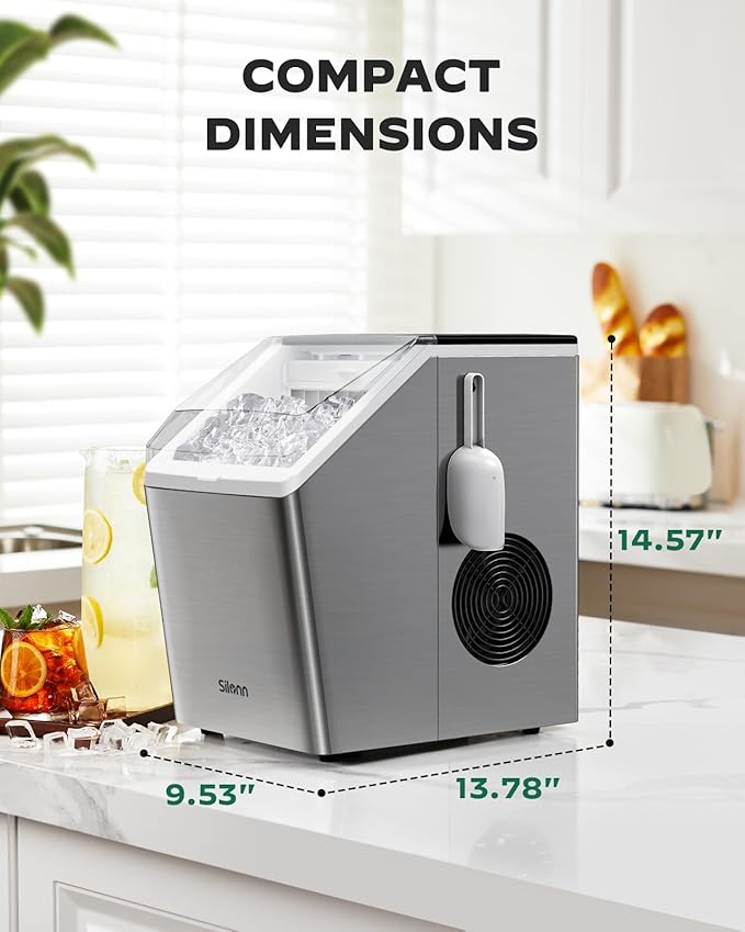 Silonn Stainless Steel Countertop Ice Maker, 44Lbs/Day High Efficiency, 2 Ways to Add Water, One-Click Auto Self-Cleaning, Portable Ice Machine Ideal for Home, Office, Bar & Party