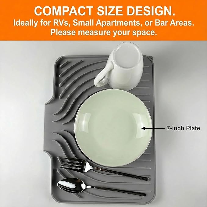 JACZZO Silicone Dish Drying Mat for Kitchen Counter - 14.7x10.2 Inch Non-Slip Drying Matt with Slope Drain, Dish Sponge Holder, Heat Resistant Mat (Grey)