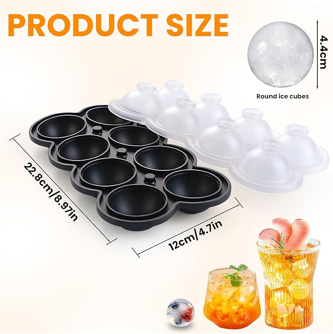 Ice Ball Maker Mold, 8 Hole Large Round Ice Cube Tray with Built-In Easy-Fill Funnel & Water Level Line, Silicone 1.7" Sphere Ice Mold for Whiskey, Cocktails, Bourbon