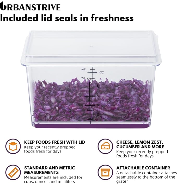 Urbanstrive Cheese Grater With Container, Professional Cheese Grater with Handle, Stainless Steel Graters for Kitchen Handheld, Box Grater with 4 Sides for Vegetables, Ginger, Potatoes (Purple)