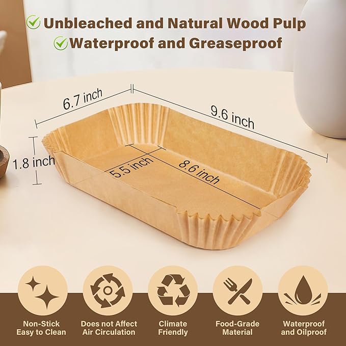 Air Fryer Paper Liners,125PCS Air Fryer Liners Disposable Rectangular for Ninja Air Fryer 2 Basket, 8.6x5.5 Inch Dual Airfryer Liner, Natural Parchment Paper Liner for Ninja DZ201, DZ401, FG551