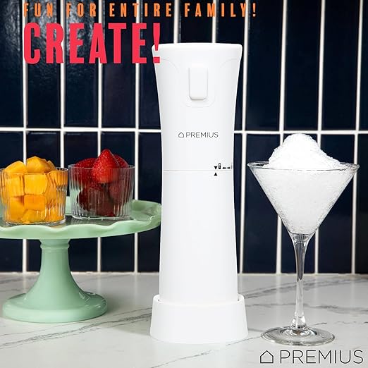 Cordless Shaved Ice Maker By PREMIUS – Lightweight, Rechargeable, Bonus Recipe Book, Resting Stand – Caribbean Shaved Ice! USB Cord Included – Up to 40 Snow Cones Per Charge! No Molds Needed! (White)