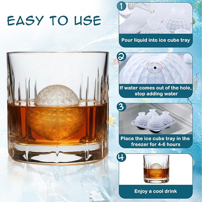 Hoolerry 2 Pcs 3D Golf Gifts Ball Ice Maker Mold 2.2" Large Sphere Round Silicone Ice Cube Tray 4 Hole Fun Shapes Big Ices Cube Mold with Funnel for Whiskey Cocktails Bourbon Chilling