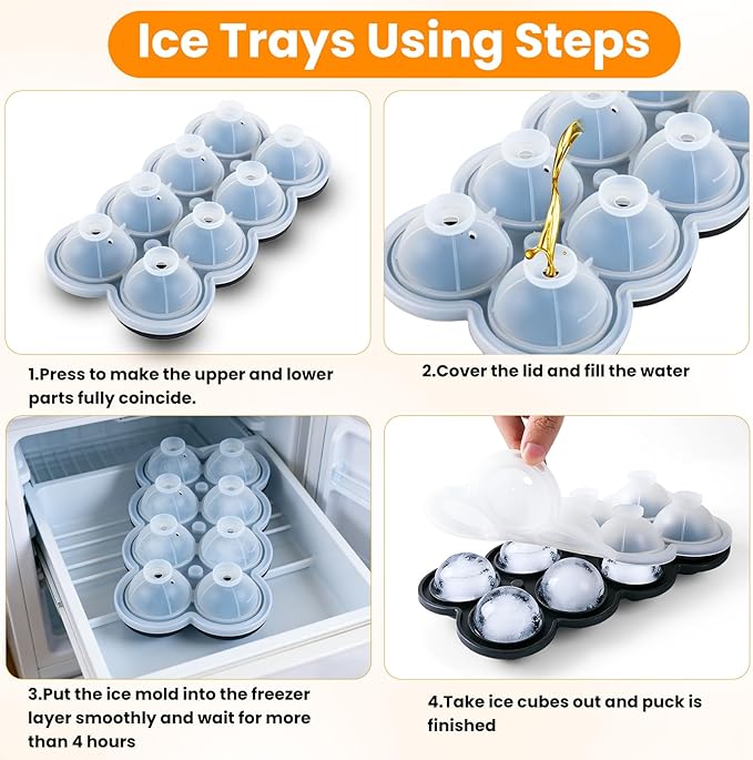 Ice Ball Maker Mold, 8 Hole Large Round Ice Cube Tray with Built-In Easy-Fill Funnel & Water Level Line, Silicone 1.7" Sphere Ice Mold for Whiskey, Cocktails, Bourbon