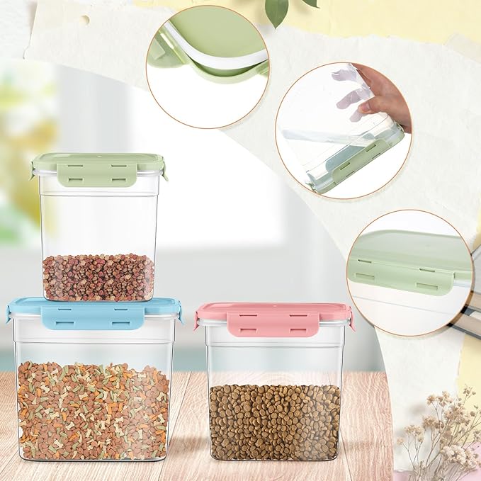 Patelai 6 Pcs Dog and Cat Food Storage Containers with Scoops Set Plastic Pet Food Storage Containers Stackable Airtight Dry for Kitchen 1.27, 2.4, 4 Qt (Pink,Blue,Green)