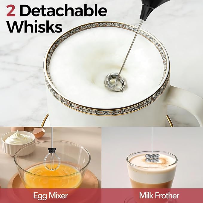 YARRAMATE Electric Milk Frother Wand with Stainless Steel Whisk and Stand, Fast Rechargeable Coffee Mixer with 3 Speeds, Handheld Drink Stirrer, Whisk Foam Maker for Lattes, Cappuccino, Matcha (Black)