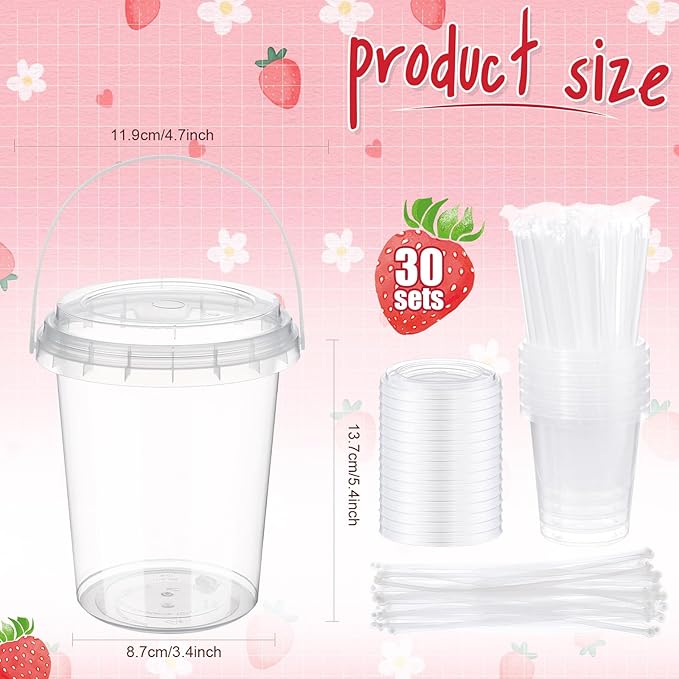 Funnymoom 30 Set Strawberry Drink Buckets with Lids and Straws 34oz Large Clear Plastic Cups Disposable Rum Cocktail Pails with Handles and Stickers for Summer Birthday Beach Pool Party Supplies