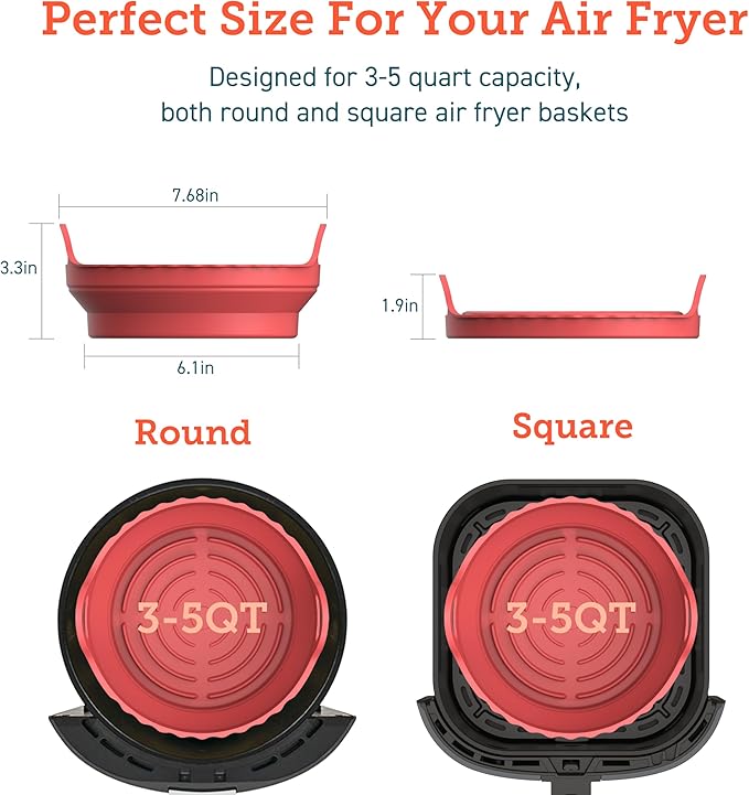 Cosori Air Fryer Silicone Liners for 3-5 Qt, Foldable 7.6 Inch Reusable Basket, Certified Food Grade Accessories, Resistant up to 450°F, Thickened & Durable, Non-stick Dishwasher Safe, Gloves, 2 Pcs