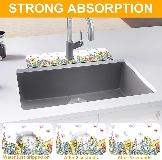 2 Pack Butterfly Floral Sink Splash Guard Faucet Mat Rose Lily Tulip Peony Super Absorbent Fast Drying Mat Sink Gadgets-Splash Guard Behind Faucet Drip Catcher for Kitchen Bathroom, 23.5"x5.5"