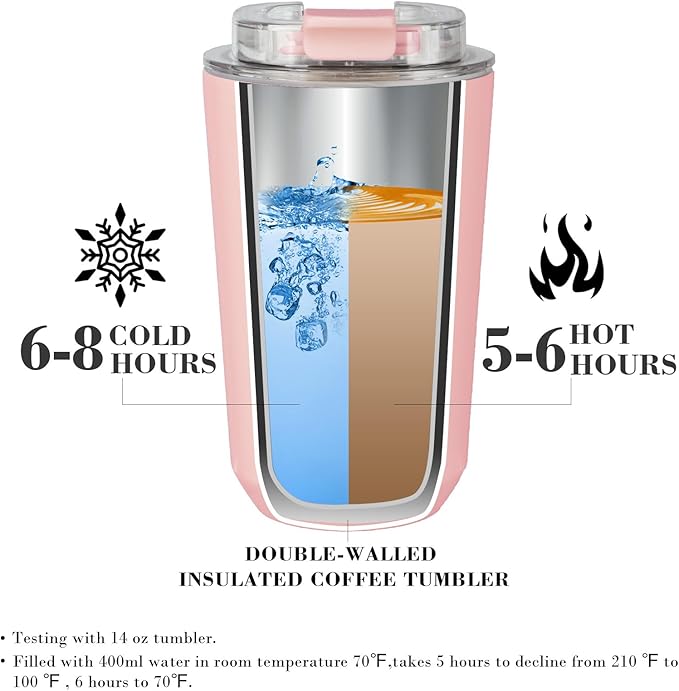 Puraville 2 Pack Insulated Tumblers with Lid, 14 oz Travel Coffee Mug Stainless Steel Vacuum Cup, Leak Proof Double Walled Coffee Tumbler for Iced and Hot Drinks,Pink and Light Blue