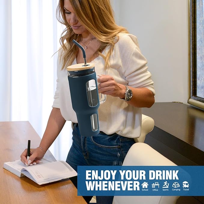 WINSA Glass Tumbler with Lid and Straw, 46 oz Iced Coffee Cup with Handle, Large Water Bottles with Silicone Sleeve, Glass Cup with Straws - Pearl Straw & Drinking Straw BPA Free-Blue