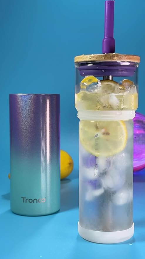Tronco 20 oz Insulated Tumbler with Lid, Stainless Steel, Borosilicate Glass, Reusable Iced Coffee Cup for Travel