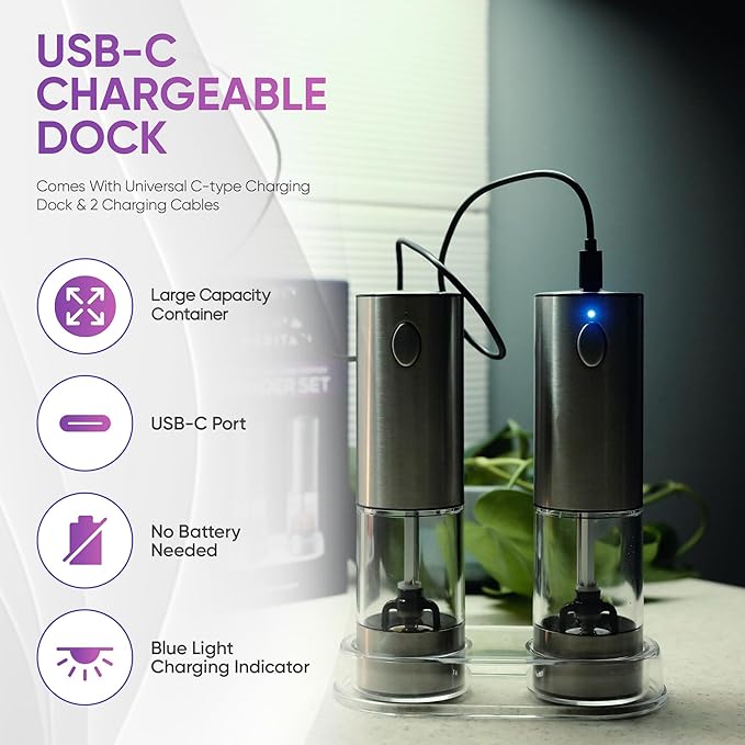 Rechargeable Automatic Salt and Pepper Grinder Set - One Hand Operation with LED Light for Precise Seasoning - Adjustable Coarseness with Ceramic Core - Set of 2