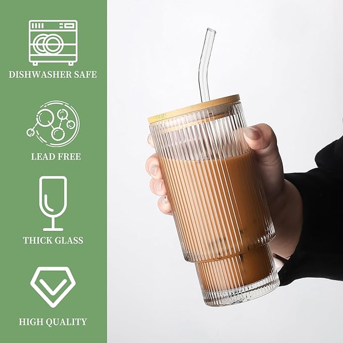 6 Pack Glass Cups with Lids and Straws, 16oz Ribbed Drinking Glasses Tumblers Durable Drinkware Water Glasses Cup Ideal Gift for Home, Kitchen, Office