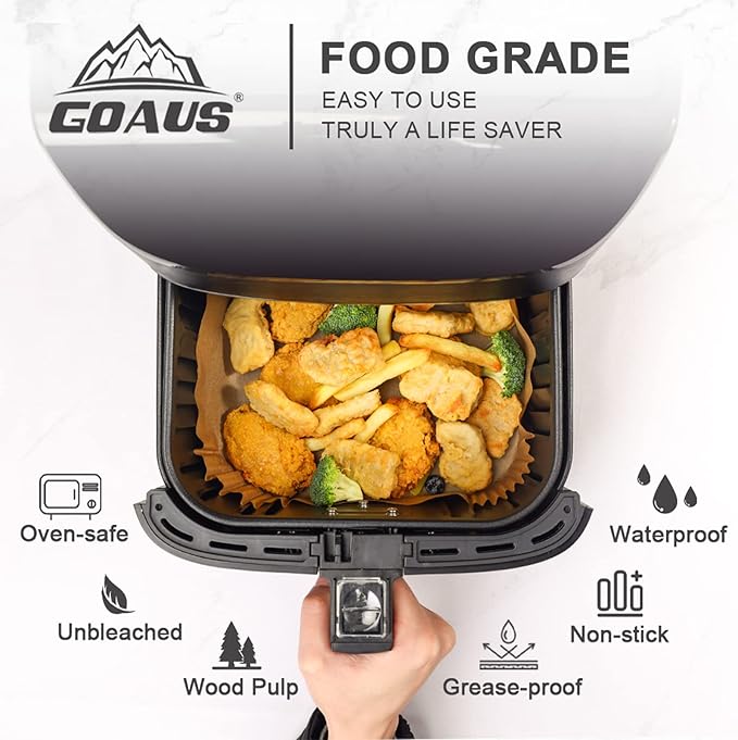 GOAUS Air Fryer Disposable Paper Liner Square Large 250 Pcs for 5 to 8 Qt Basket, 7.9 inch Unbleached Non-Stick Oil-Proof Parchment Paper