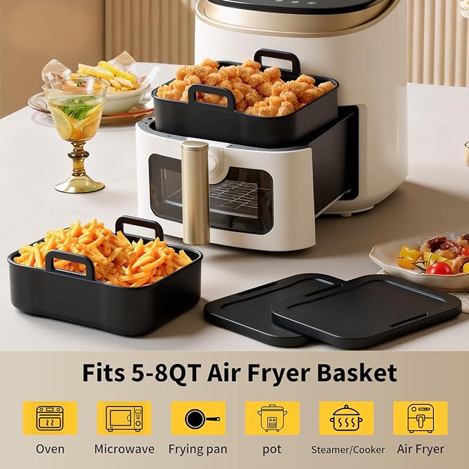Air Fryer Silicone Liners Thickening Reusable with Lid for 5-8QT Air Fryer Basket & Ninja DZ550 DZ401 DZ302 SL401 Air Fryers,1 Pack Air Fryer Accessories for COSORI, Chefman, Instant Air Fryers