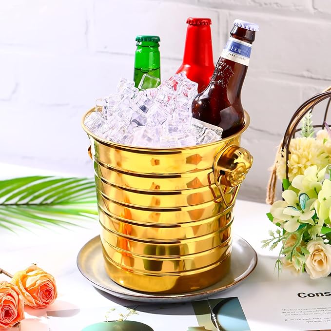 Pinkunn 3 Pack Stainless Steel Champagne Bucket 3 Qt Metal Ice Bucket Double Wall Wine Buckets with Handles Party Beverage Chiller for Champagne Beer Cocktail Wine Drinks Home Bar Accessories (Gold)